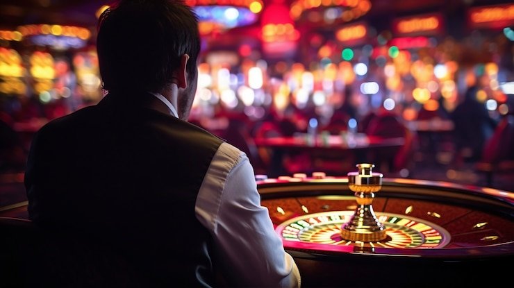 Roulette wheel spin with ball in motion and betting area